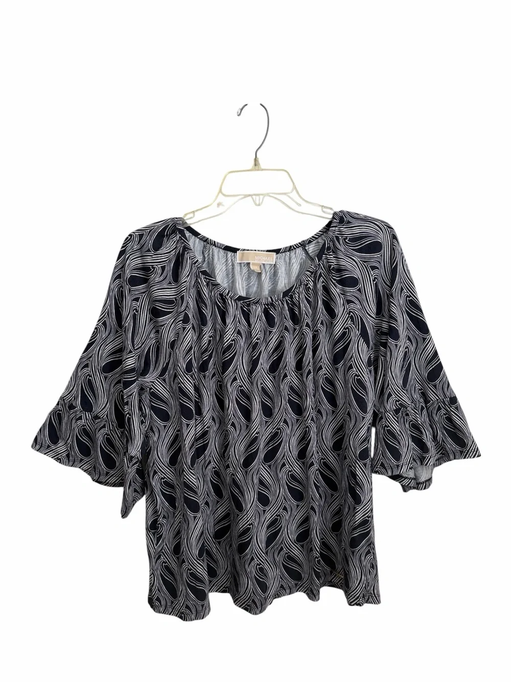 Michael Kors Navy White Flowy Peasant Blouse Elastic Neck Boho Size 2X